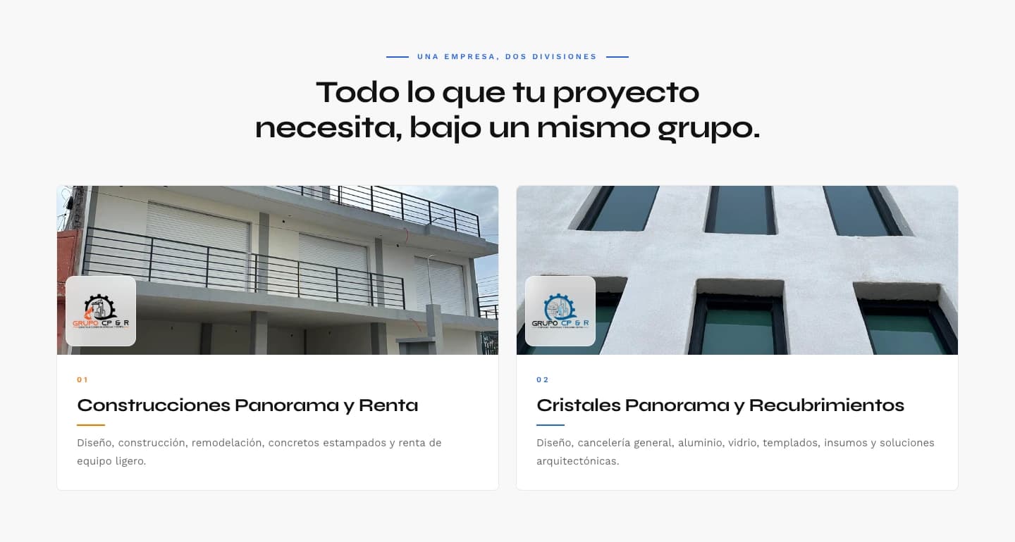 Sección de divisiones del negocio con tarjetas para Construcciones Panorama y Renta, y Cristales Panorama y Recubrimientos.